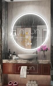 Yuvarlak Akıllı Ayna – Kumlamalı, Buğu Çözücülü, Hafızalı Dimmer, Led Işıklı Banyo Aynası