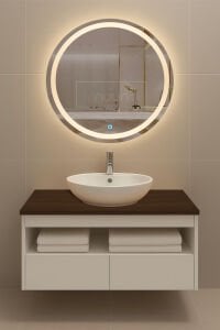 60cm Aurora Banyo Dolabı Seti (Yuvarlak Ledli Dokunmatik Ayna + MDF Lavabo Dolabı + Seramik Lavabo)