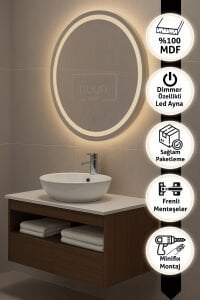 60cm Aurora Banyo Dolabı Seti (Yuvarlak Ledli Dokunmatik Ayna + MDF Lavabo Dolabı + Seramik Lavabo)