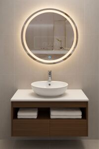 80cm Aurora Banyo Dolabı Seti (Yuvarlak Ledli Dokunmatik Ayna + MDF Lavabo Dolabı + Seramik Lavabo)