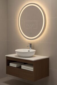 80cm Aurora Banyo Dolabı Seti (Yuvarlak Ledli Dokunmatik Ayna + MDF Lavabo Dolabı + Seramik Lavabo)