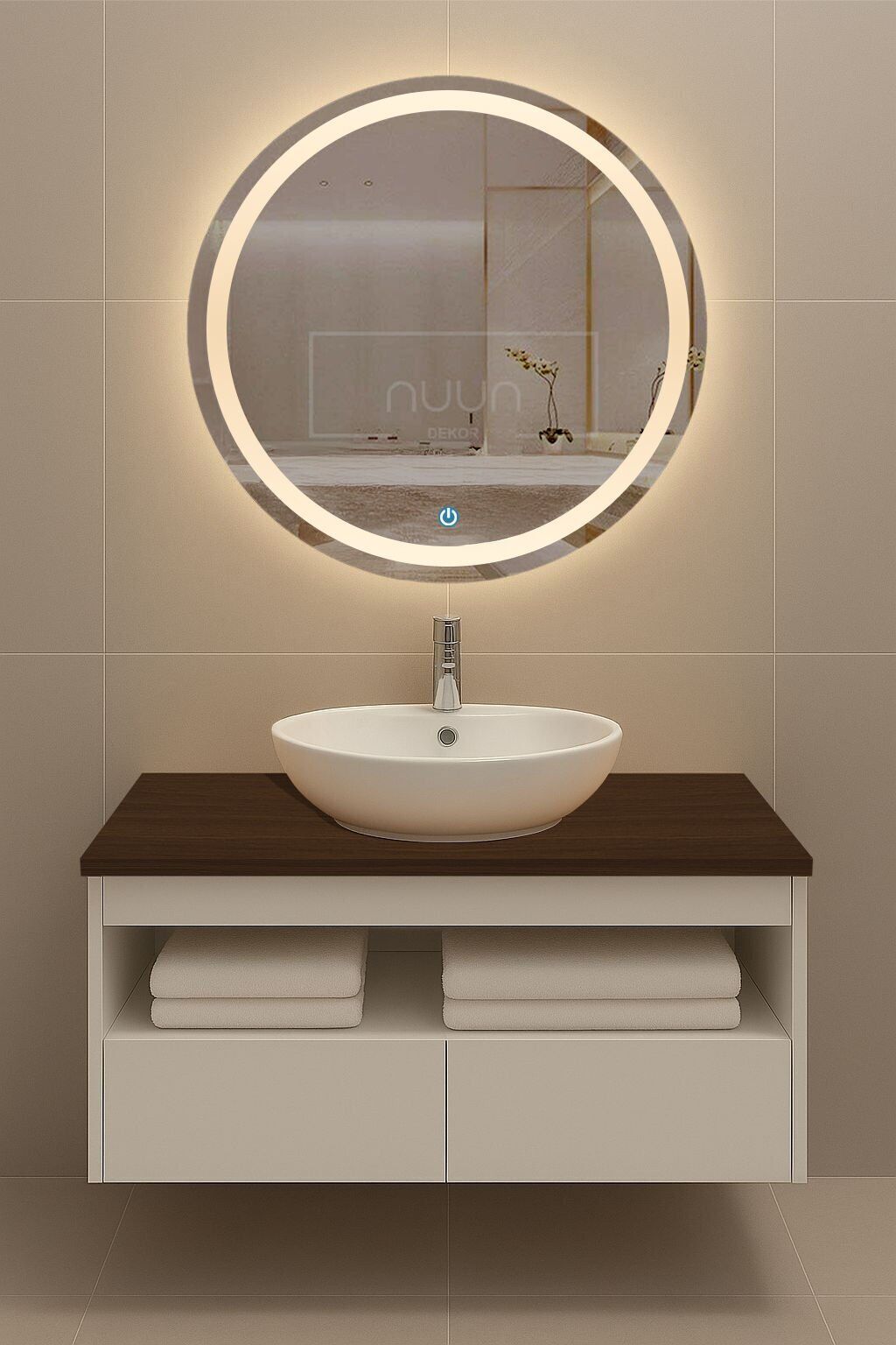 100cm Aurora Banyo Dolabı Seti (Yuvarlak Ledli Dokunmatik Ayna + MDF Lavabo Dolabı + Seramik Lavabo)