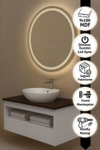 100cm Aurora Banyo Dolabı Seti (Yuvarlak Ledli Dokunmatik Ayna + MDF Lavabo Dolabı + Seramik Lavabo)