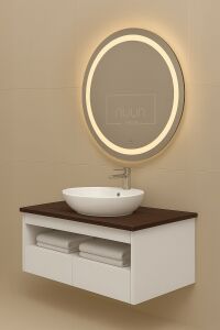 100cm Aurora Banyo Dolabı Seti (Yuvarlak Ledli Dokunmatik Ayna + MDF Lavabo Dolabı + Seramik Lavabo)