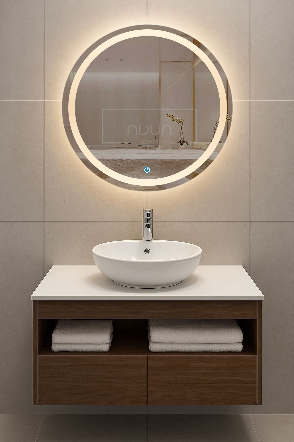 100cm Aurora Banyo Dolabı Seti (Yuvarlak Ledli Dokunmatik Ayna + MDF Lavabo Dolabı + Seramik Lavabo)k