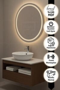 100cm Aurora Banyo Dolabı Seti (Yuvarlak Ledli Dokunmatik Ayna + MDF Lavabo Dolabı + Seramik Lavabo)k